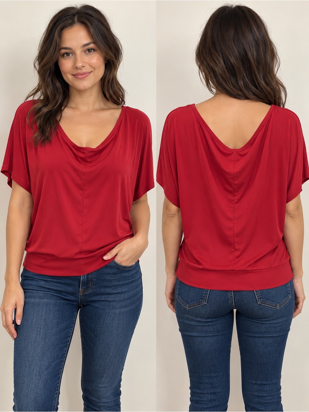 Jockey Red Draped Short-Sleeve Cowl Neck Top